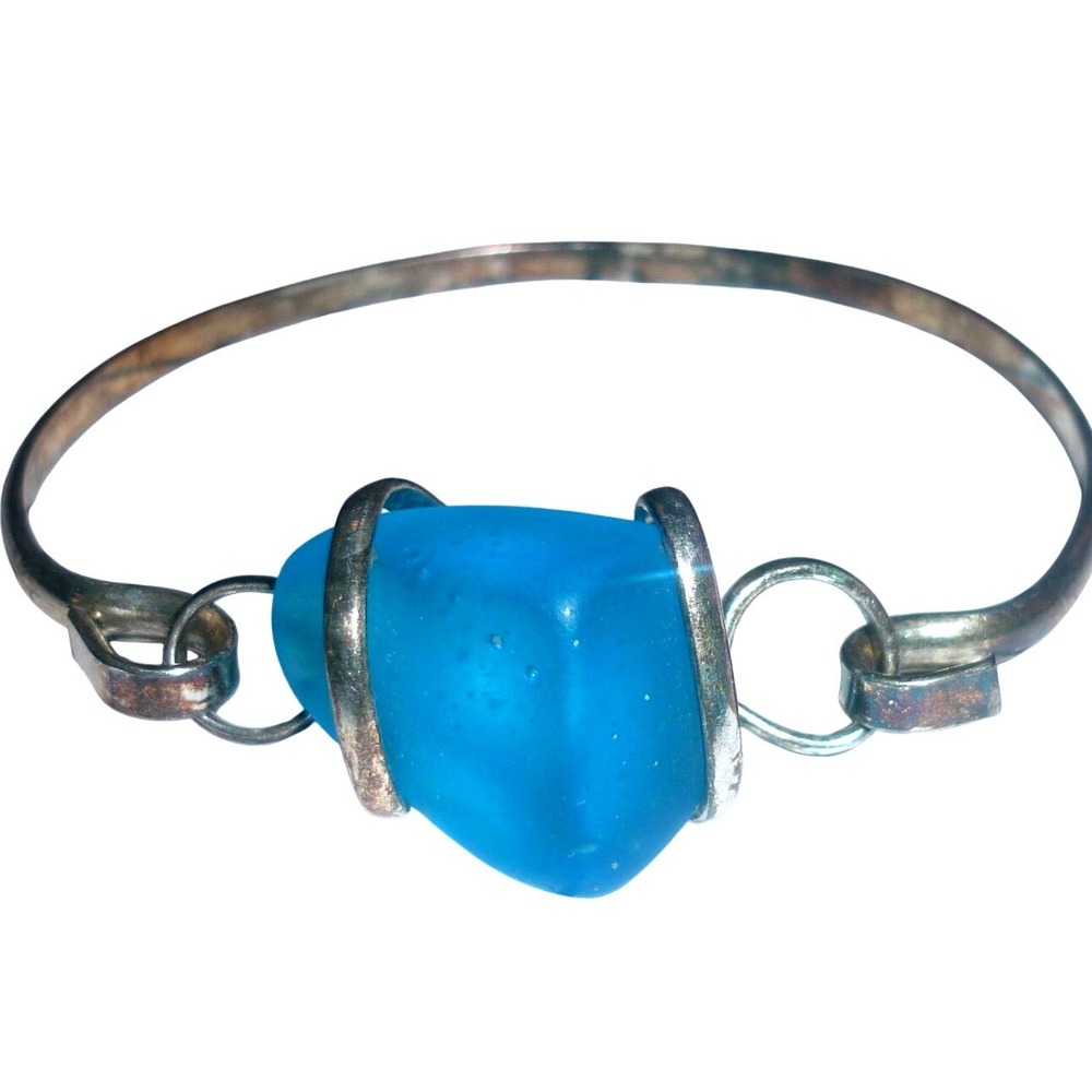Vtg Sterling Silver Blue Sea Glass Bangle Bracelet Artisan Wire Wrapped Hook Eye
